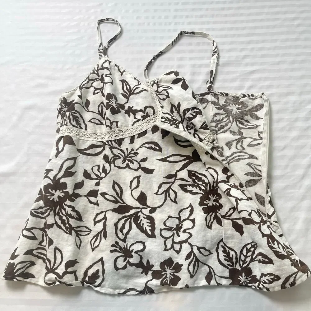 Bass Floral Linen Blend Cami Tank Top Brown Cream Boho Cottagecore Medium - Picture 3 of 10